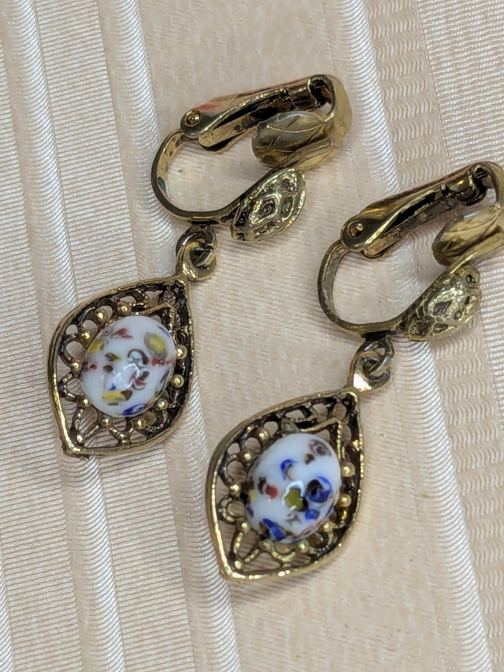 Vintage 60s Painted Porcelain Small Drop Earrings Floral Cameo Cottagecore
